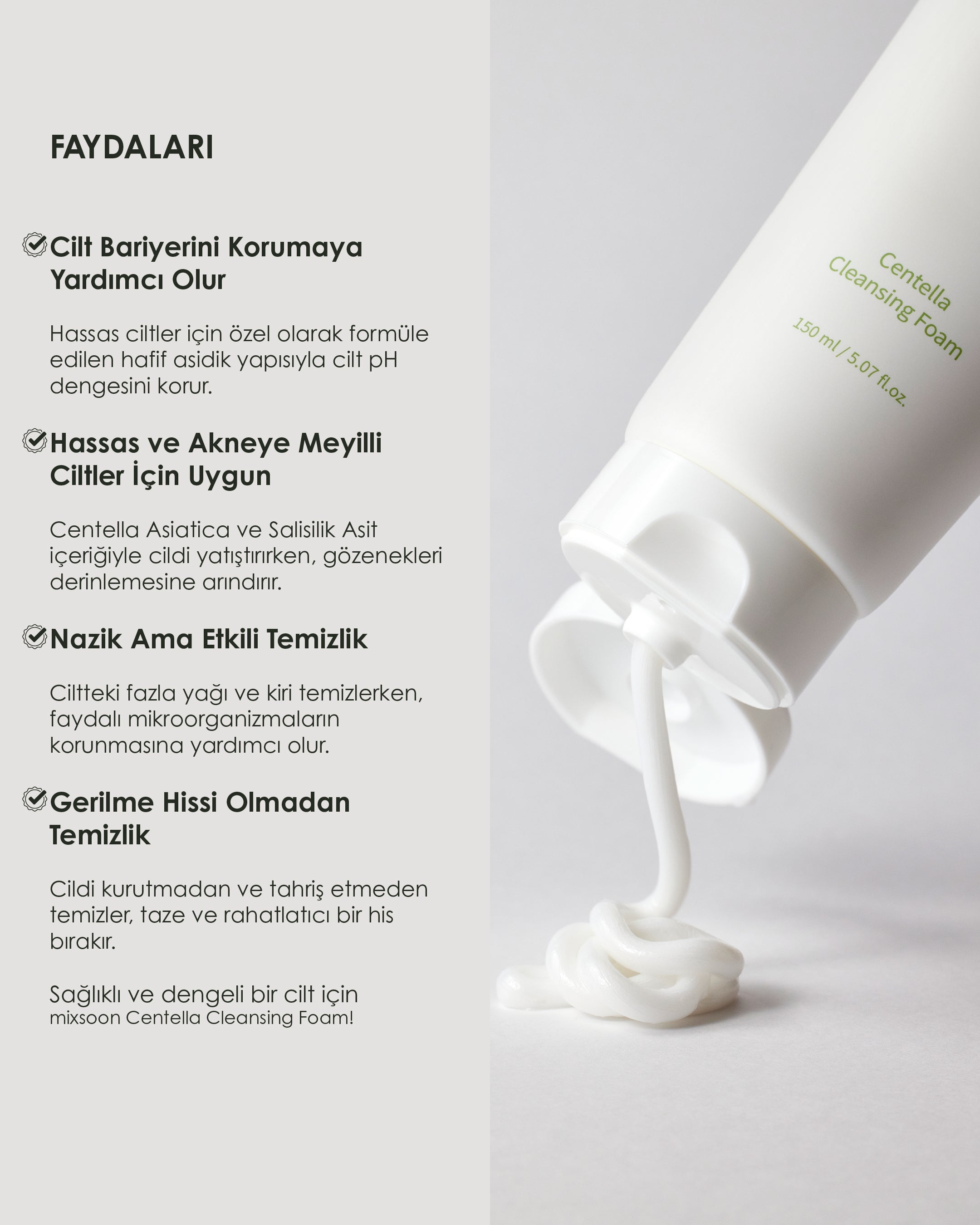 Mixsoon - Centella Cleansing Foam - Salisilik Asitli Gözenek Karşıtı ve Yatıştırıcı Temizleyici (150 mL)