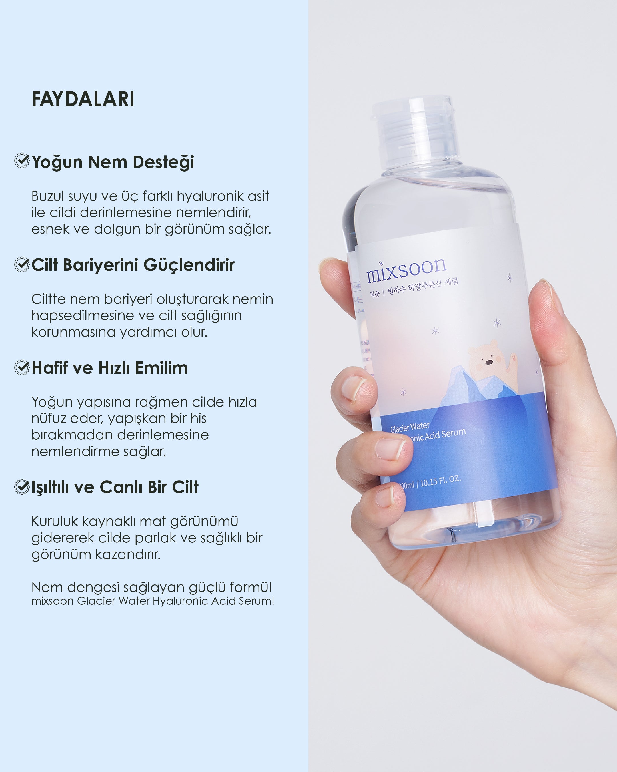 Mixsoon Glacier Water Hyaluronic Acid Serum Yağlandırmadan Nemlendiren Buzul Suyu Serumu 300ml