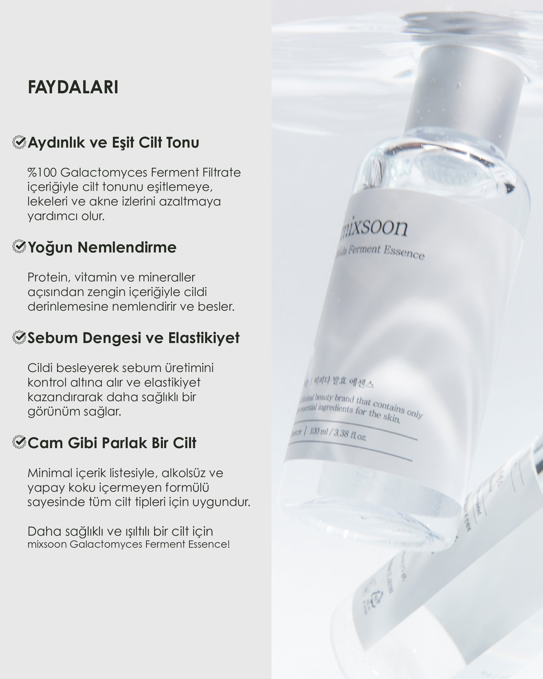 Mixsoon - Galactomyces Ferment Essence - %100 Galaktomi Özü İçeren Yaşlanma ve Leke Karşıtı Besleyici Esans