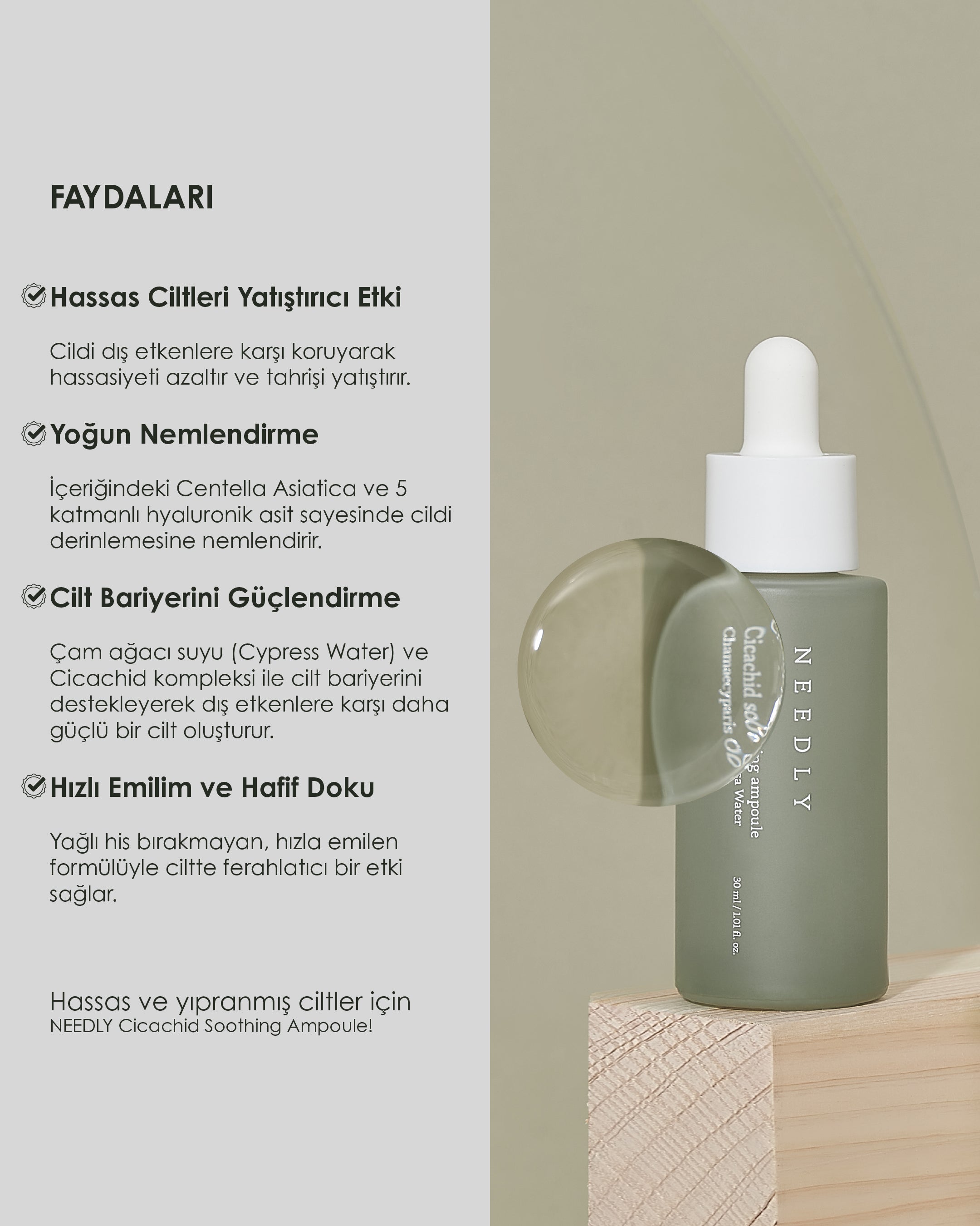 Needly Cicachid Soothing Ampoule - Hassas Ciltler İçin Yatıştırıcı Ampul Serum (30 mL)
