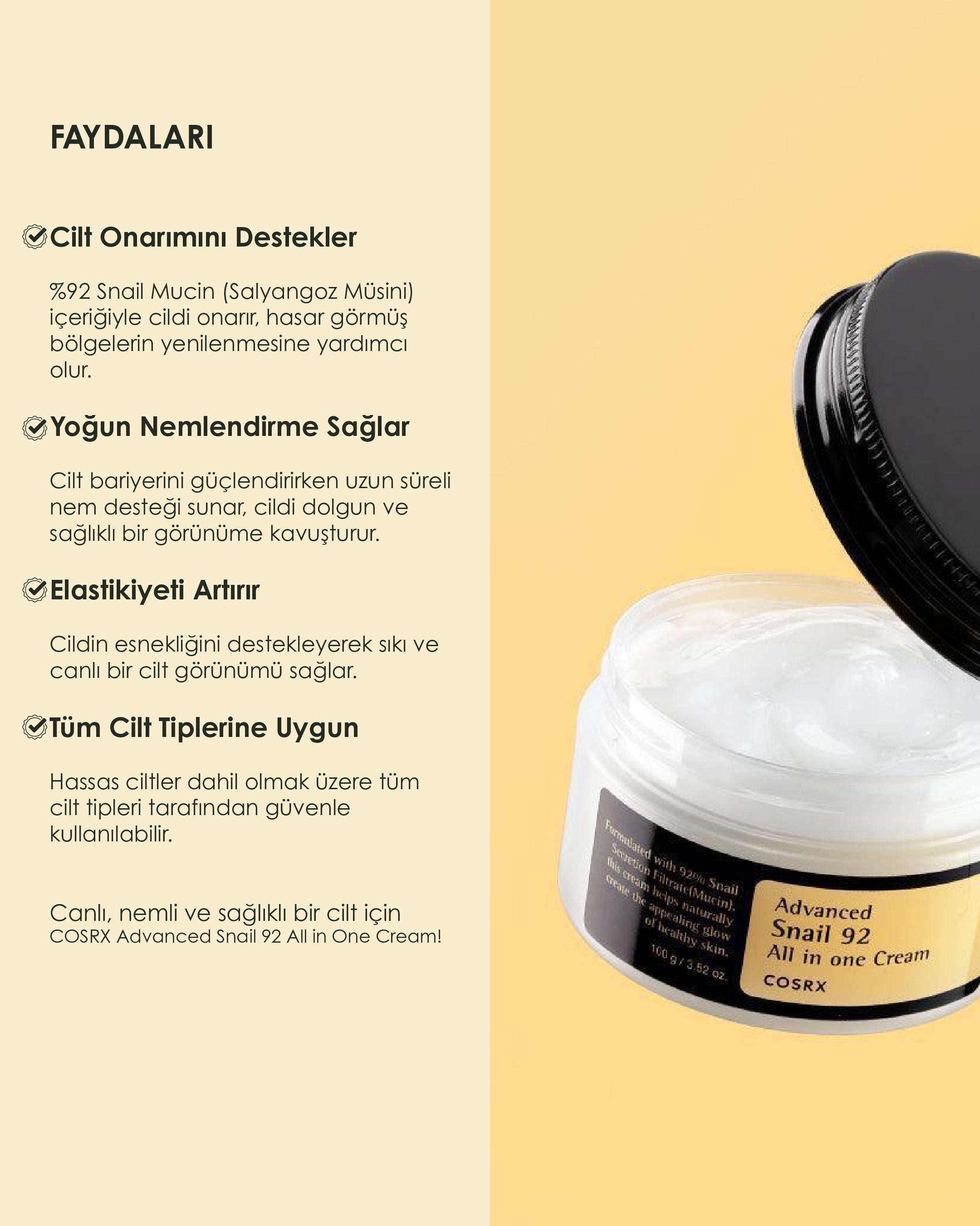 Cosrx - Advanced Snail 92 All In One Cream (Besleyici Salyangoz Müsin Kremi) 100 gr