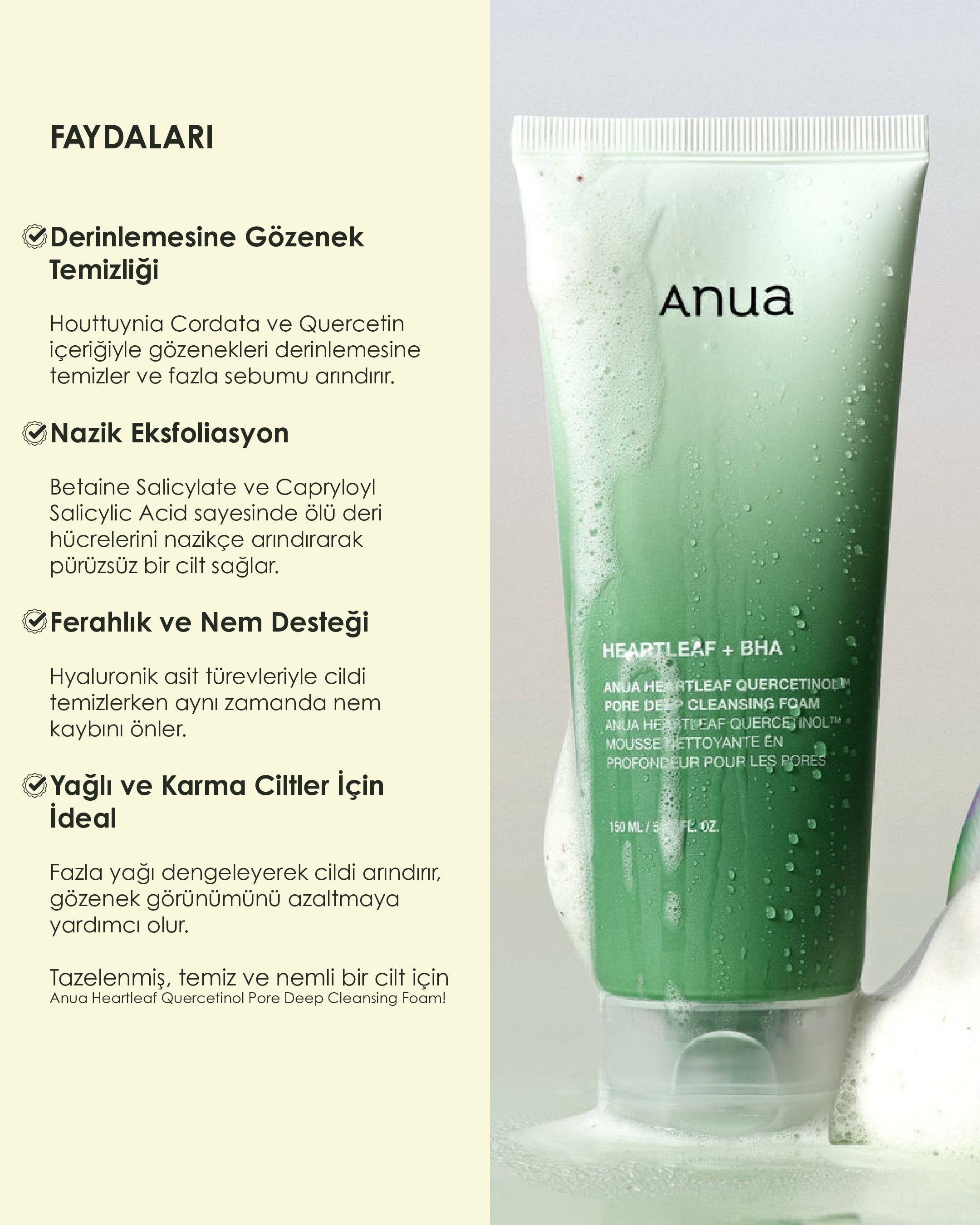 Anua Heartleaf Quercetinol Pore Deep Cleansing Foam - Gözenek Karşıtı Köpük Temizleyici (150 mL)