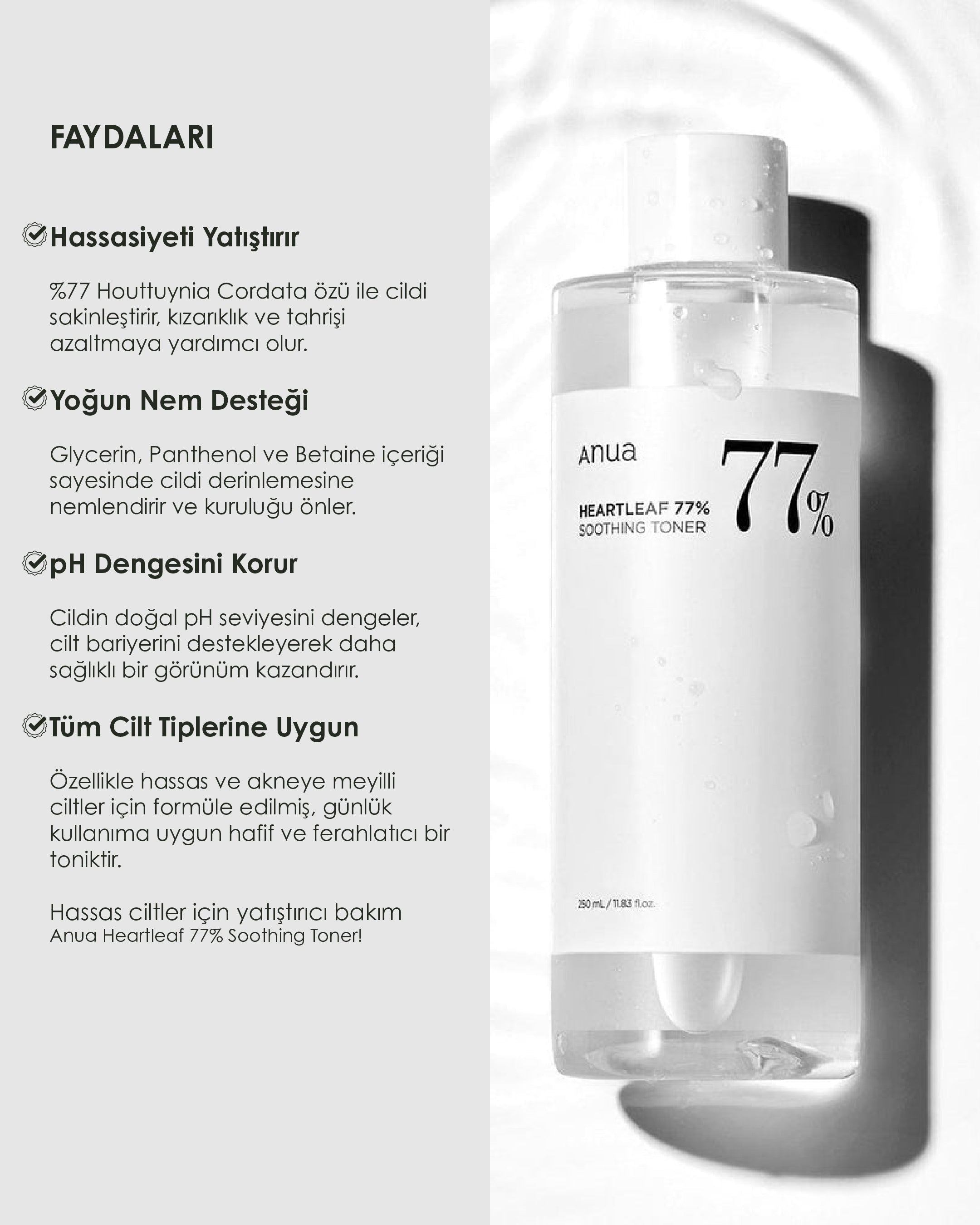 ANUA Heartleaf %77 Soothing Toner Nemlendiren ve Cilt Işıltısı Sağlayan Tonik 250ml