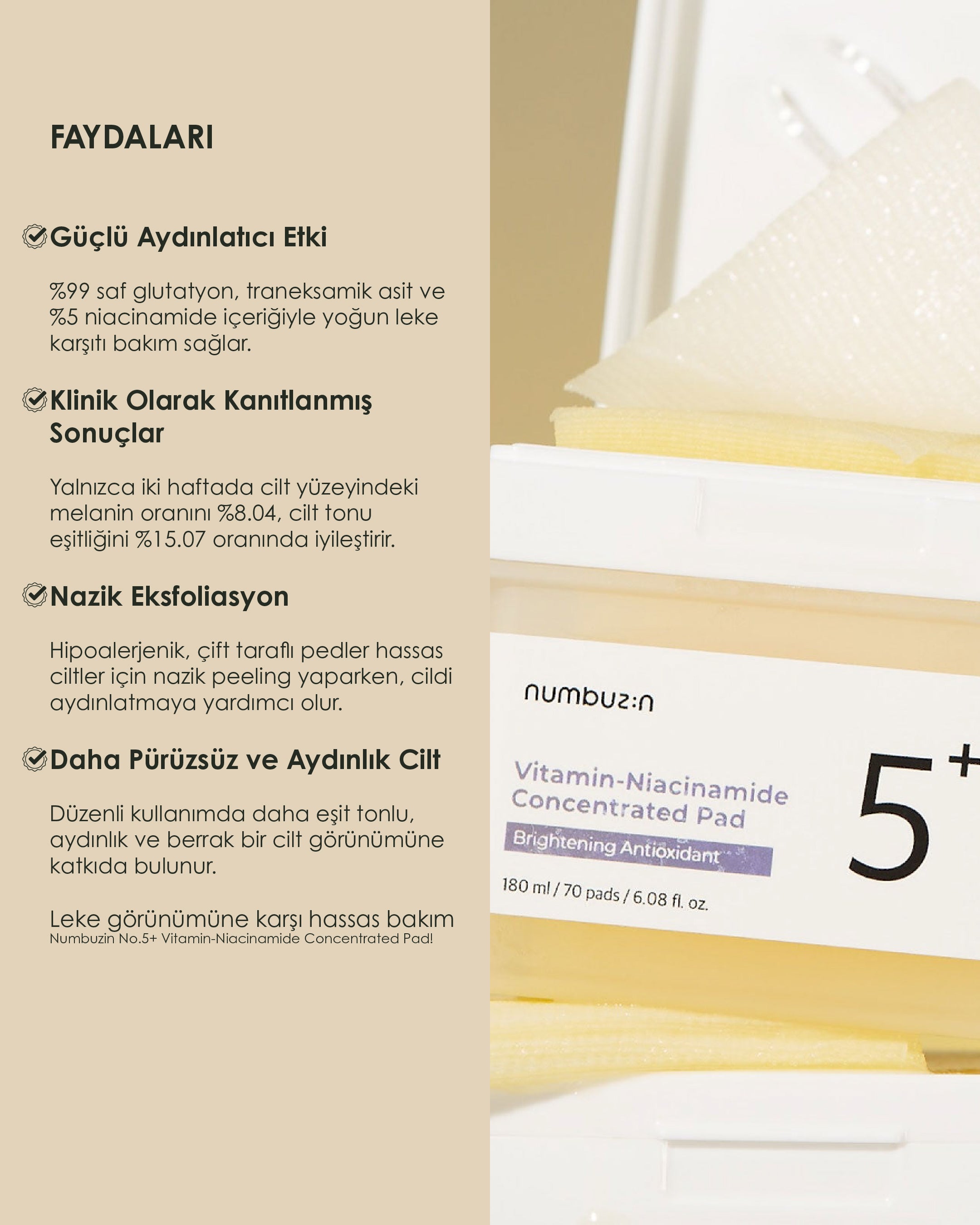 Numbuzin - No.5 Vitamin Niacinamide Concentrated Pad - Pürüz Ve Geniş Gözenek Karşıtı Parlatıcı Vitamin Pedi (180 mL)