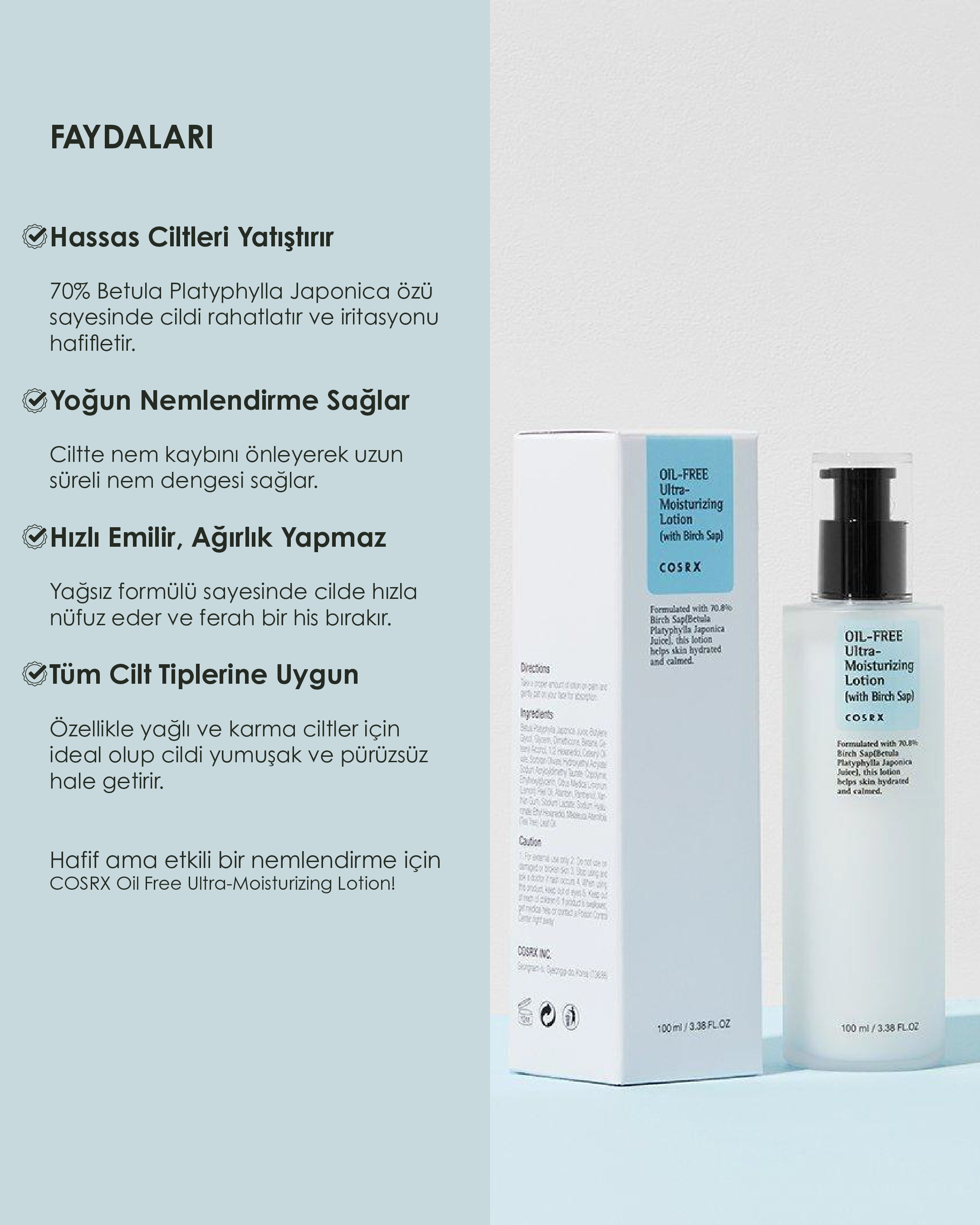 Cosrx Oil Free Ultra Moisturizing Lotion - Huş Ağacı Özlü, Yağlı Ciltler İçin Nemlendirici Losyon (100 mL)