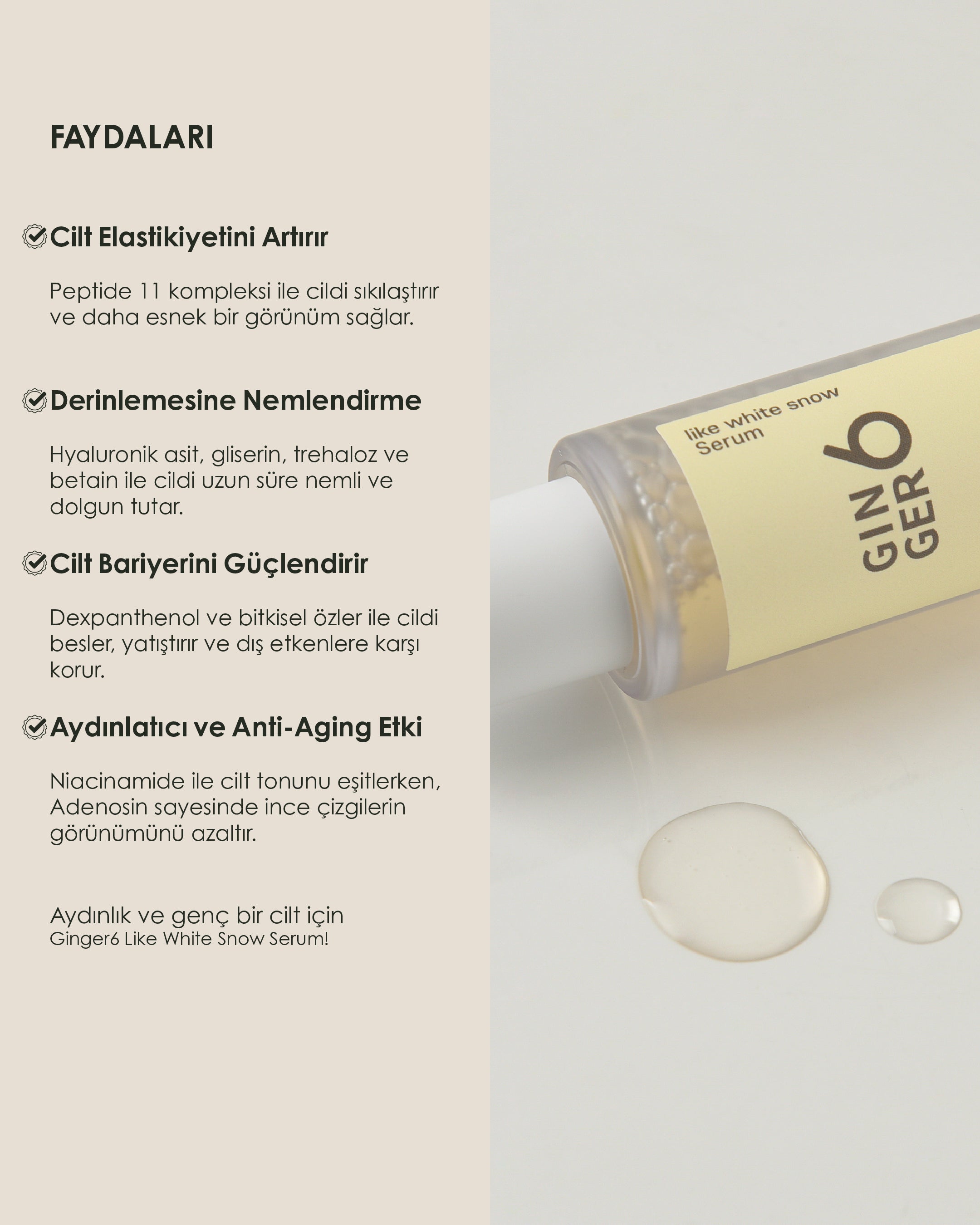 Ginger6 - Like White Snow Serum - Zencefil Özlü, Peptit ve Vitamin E5 İçeren Aydınlatıcı ve Onarıcı Serum
