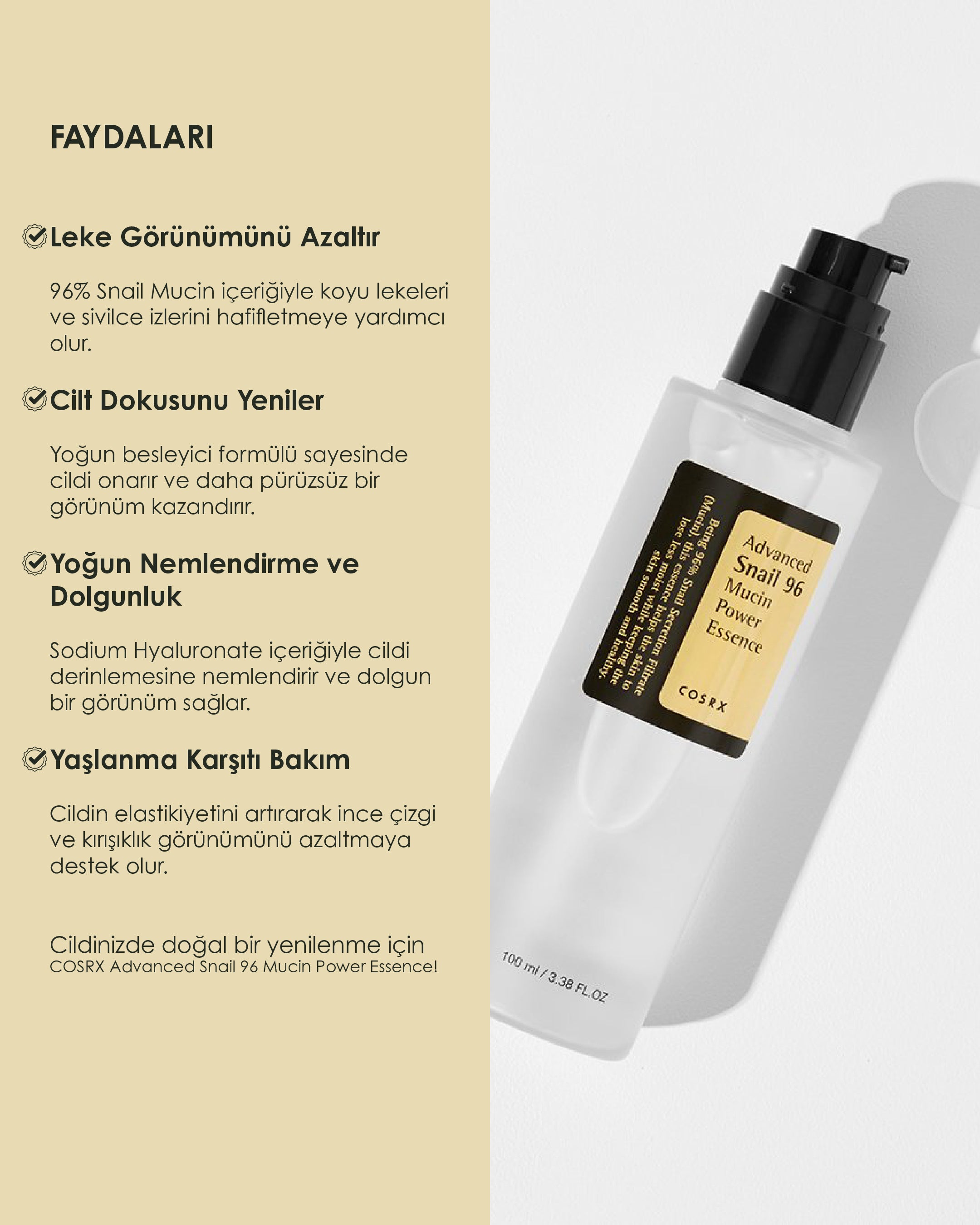 Cosrx - Advanced Snail 96 Mucin Power Essence - Besleyici Salyangoz Salgısı Özlü Esans (100 mL)