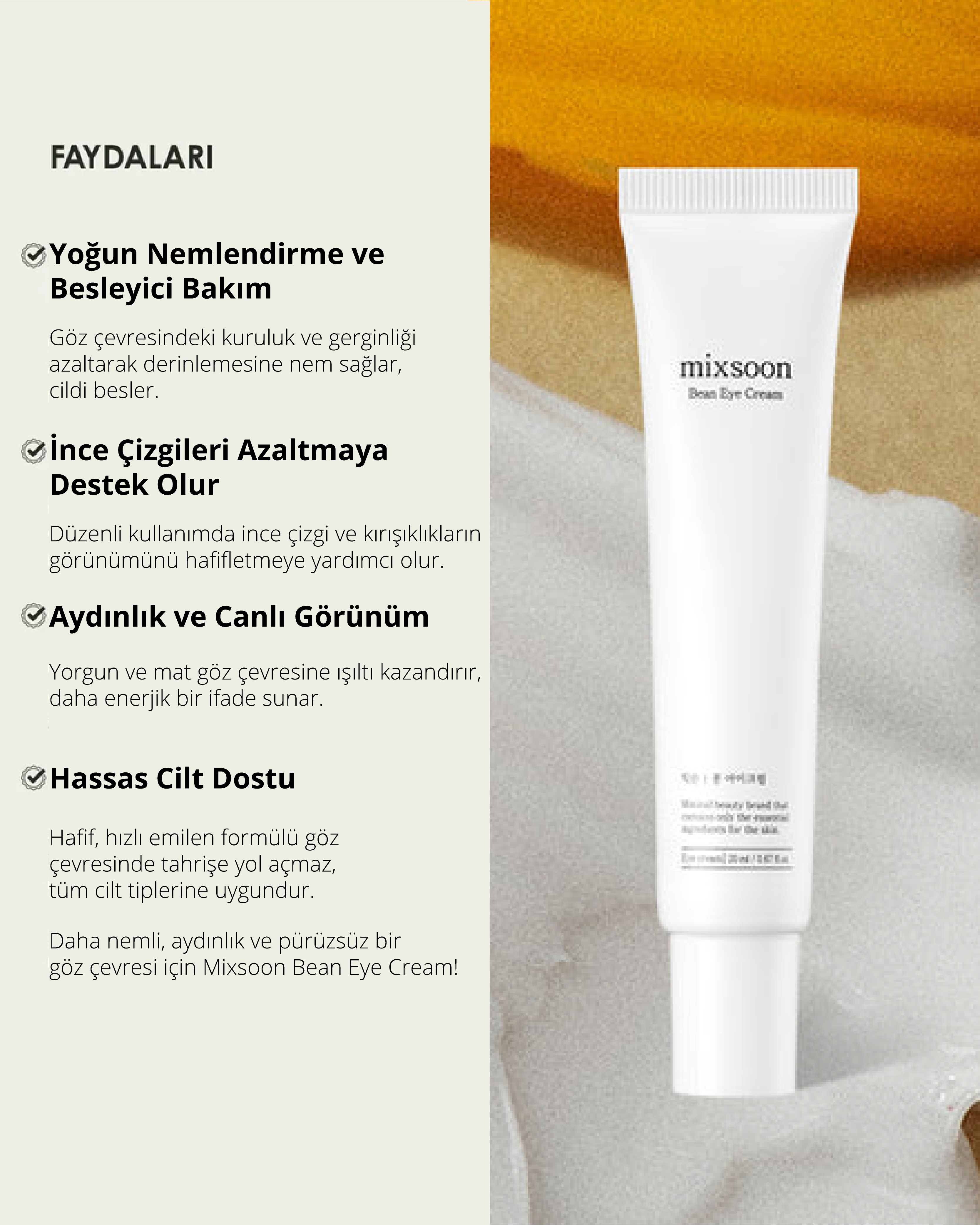 Mixsoon – Bean Eye Cream – Hassas Göz Çevresi İçin Ferahlatıcı, Nemlendirici ve Yaşlanma Karşıtı Bakım Kremi