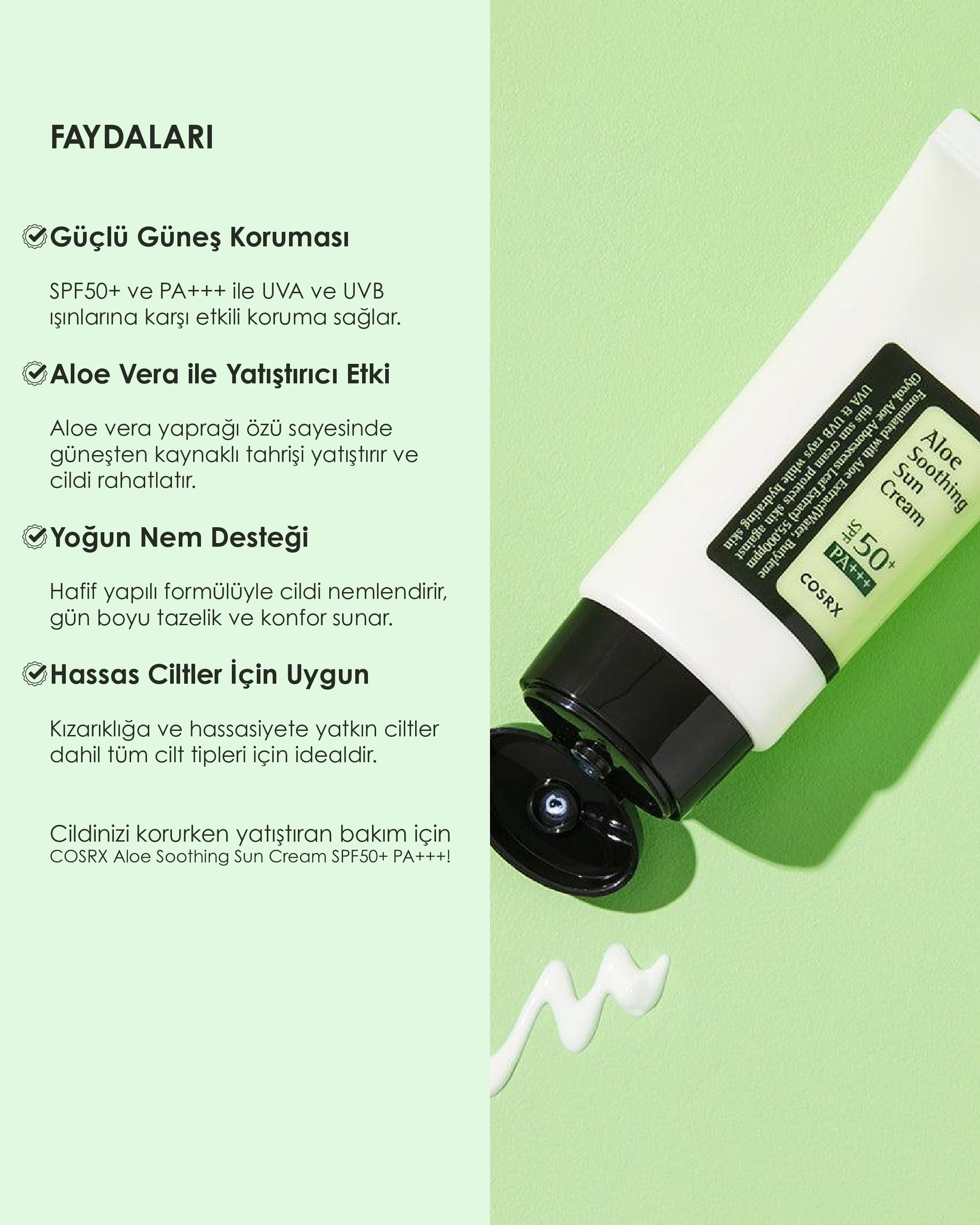 Cosrx - Aloe Soothing Sun Cream SPF50 Pa+++ (Aloe Veralı Hibrit Güneş Koruyucu) 50ml