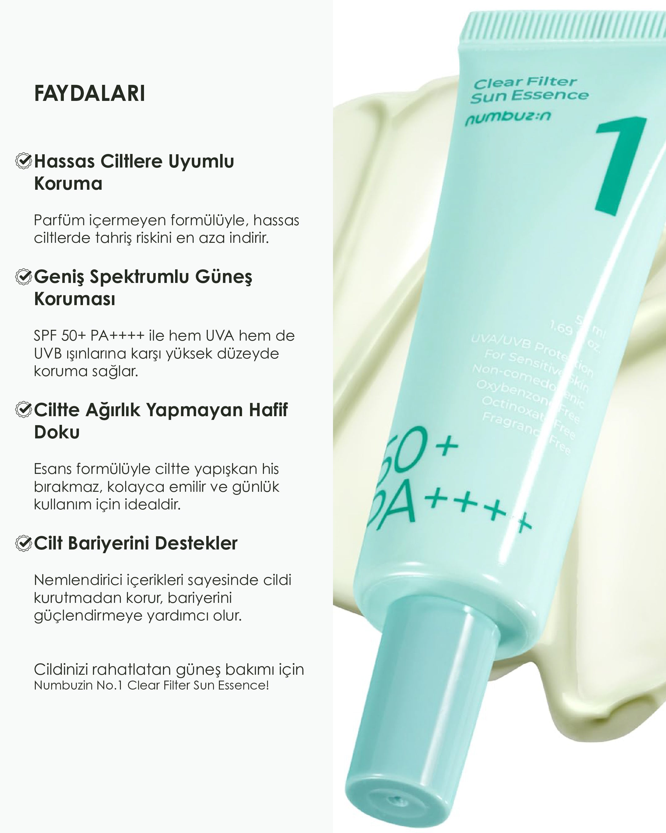 Numbuzin - No.1 Clear Filter Sun Essence SPF50+ PA++++ (Serinletici Bitkisel Özlü Güneş Koruyucu) 50 mL